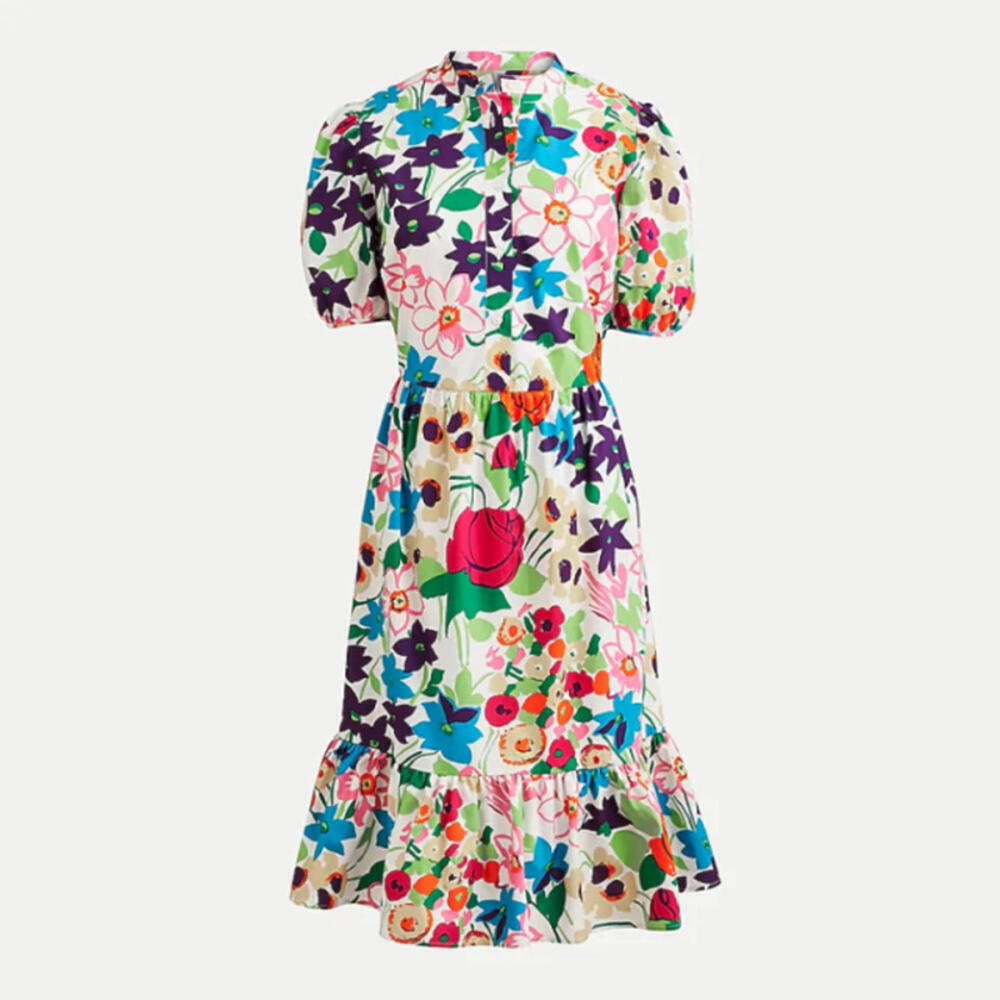 NWOT J.Crew 100% Cotton Puff Sleeve Button-Front Dress Floral Garden Size 00